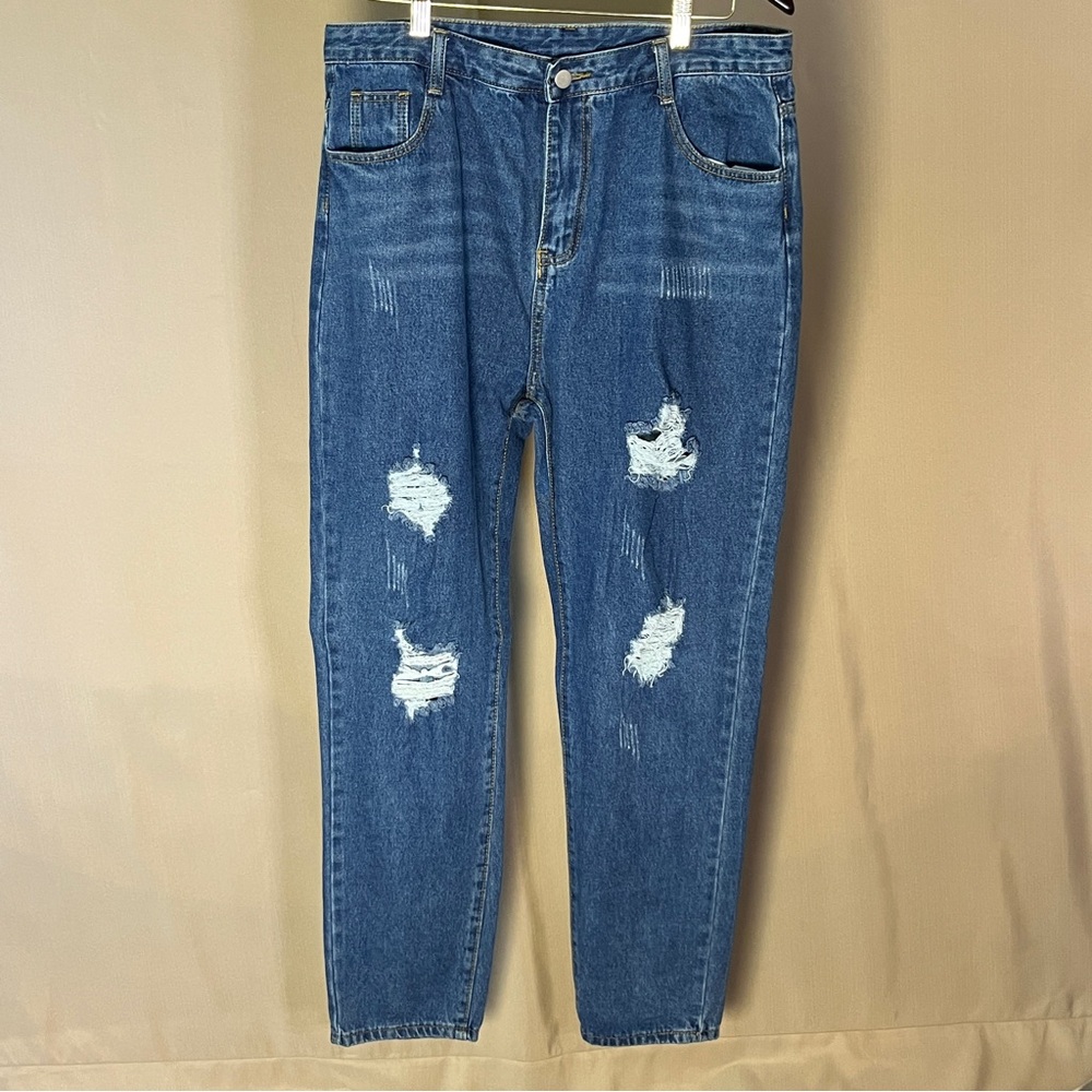 SHEIN Blue Straight Leg Distressed Jeans